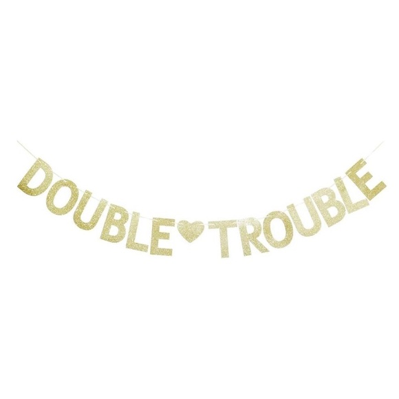 Double Trouble Gold Glitter Banner Sign - Picture 1 of 4